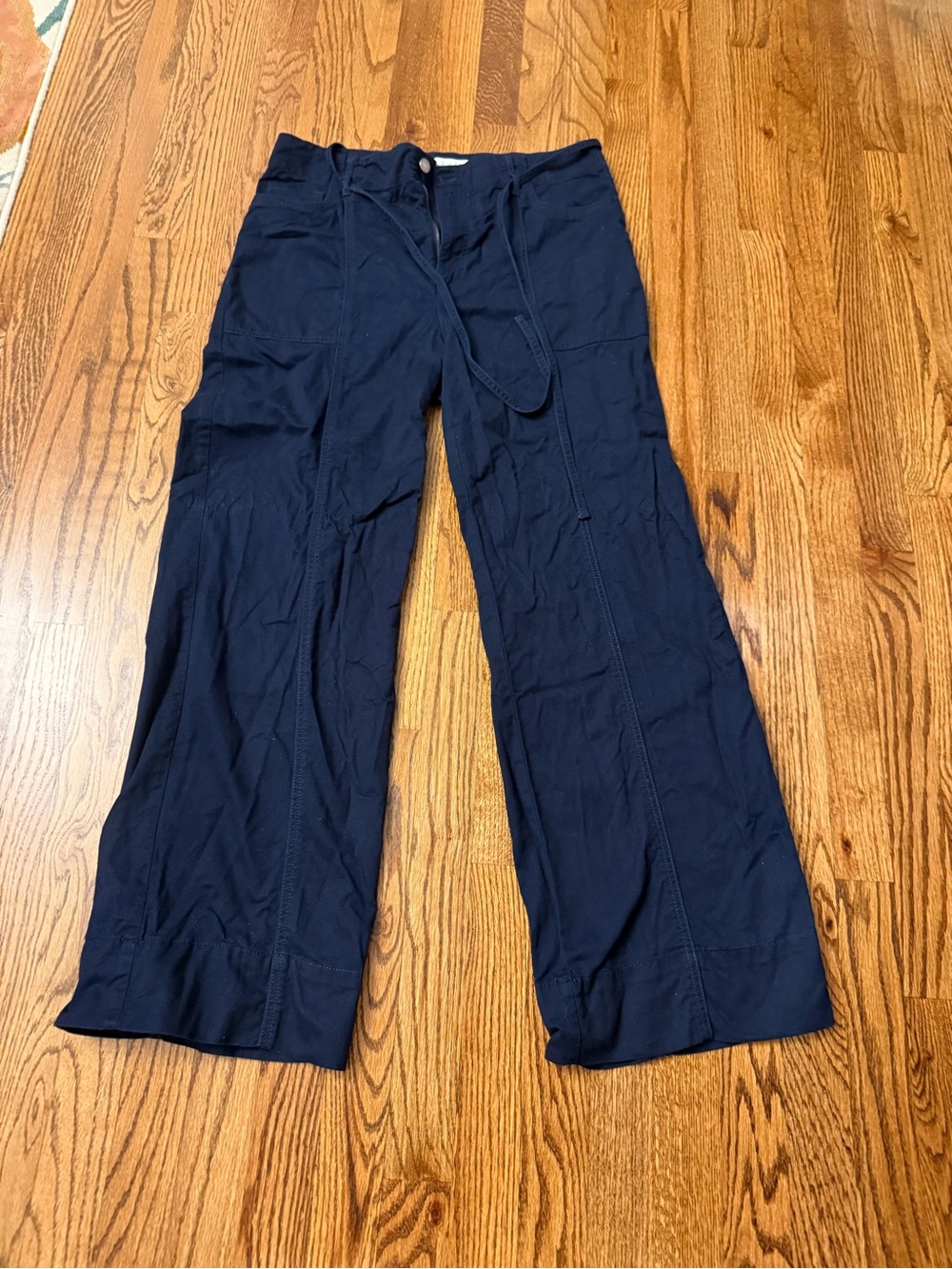 LOFT Ladies’ Navy Wide Leg Pants Front/ Back Seam, skinny tie waist 29” inseam
